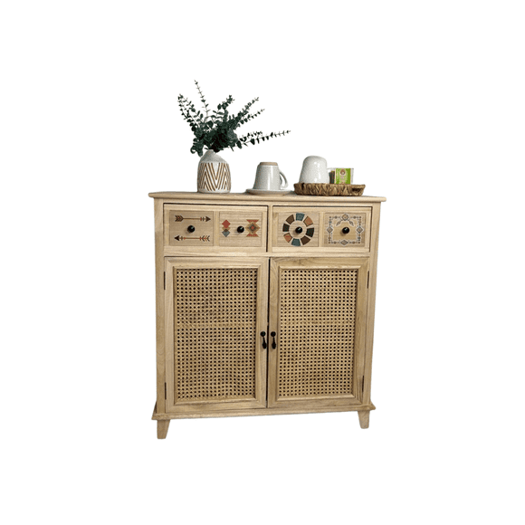 Arrimo de Madera con Ratán Natural 4 Cajones 2 Puertas 83x39x89 cm