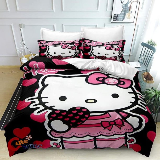 The Anime Printed Hello Duvet Quilt Cover Kitty Bedding Sets 1 Bed Cover and 2 Pillowcases for Kids Teenagers Adult