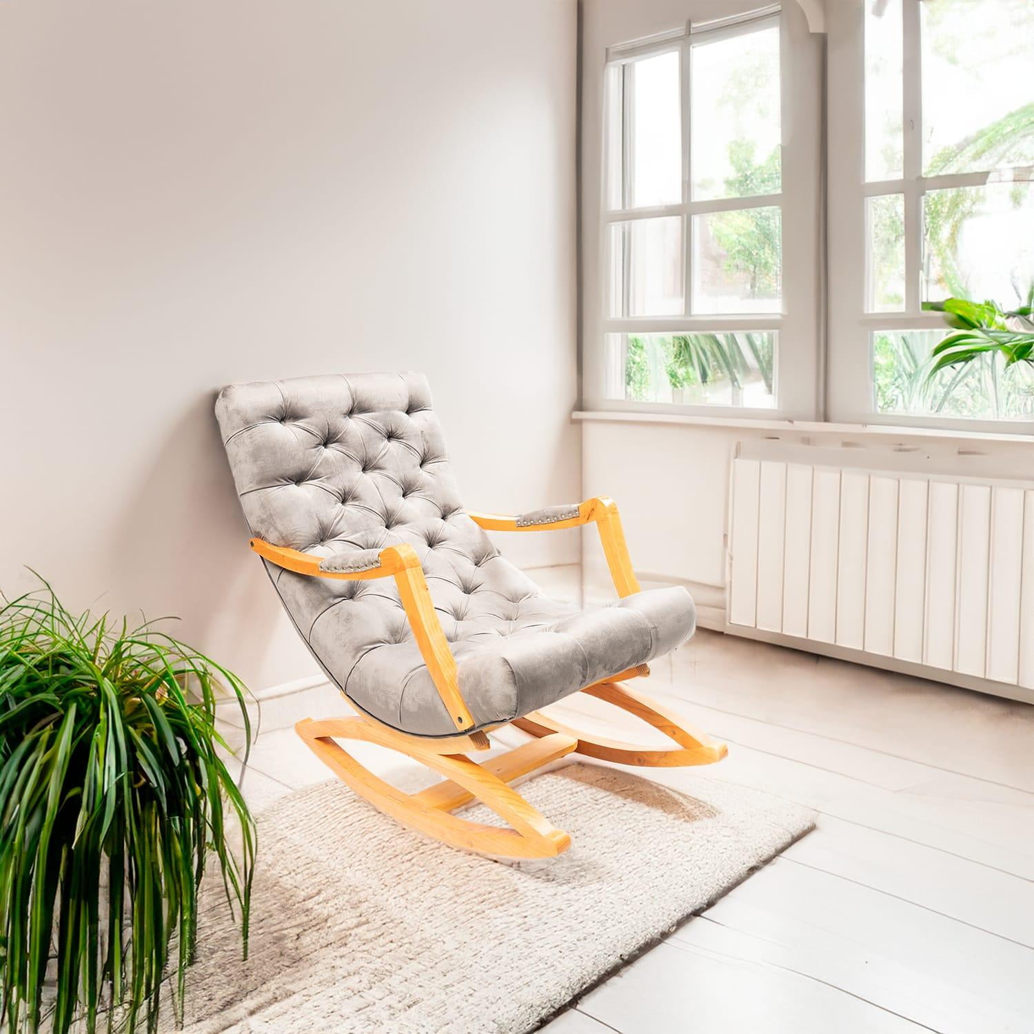 Diseños Valestrini - Silla Mecedora Con Apoya Brazo Felpa Gris