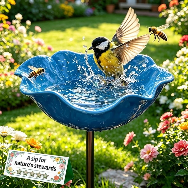 Estaca jardín flor metal hecha mano baño abejas cuenco agua pájaros decoración exterior