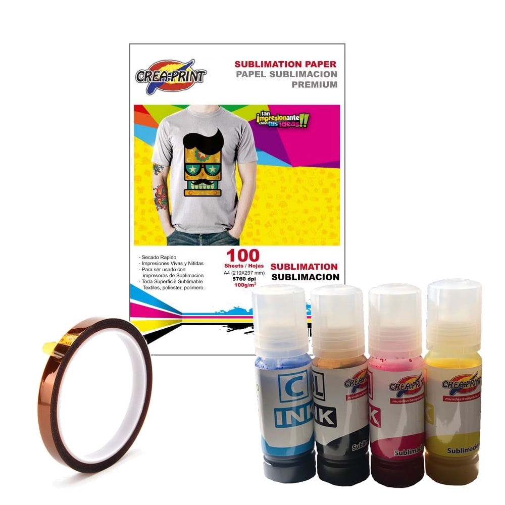 Creaprint - Pack Sublimacion Para Epson T544 (100 Hojas + Pack Tinta + Tape)