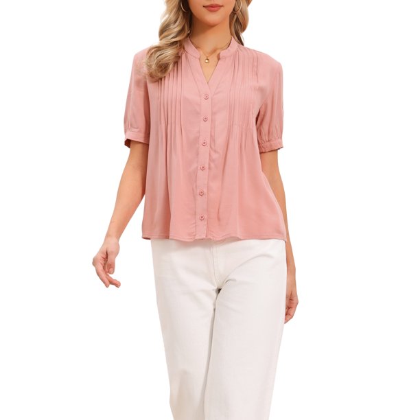 INSPIRE CHIC Camisas abotonadas para mujeres de manga corta con frente plisado y escote en V Camisas Tops Blusas XS Rosa