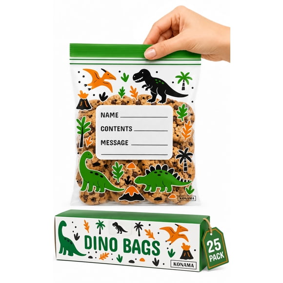 Bolsas para meriendas Konama pack de 25 a prueba de derrames con diseño de dinosaurios