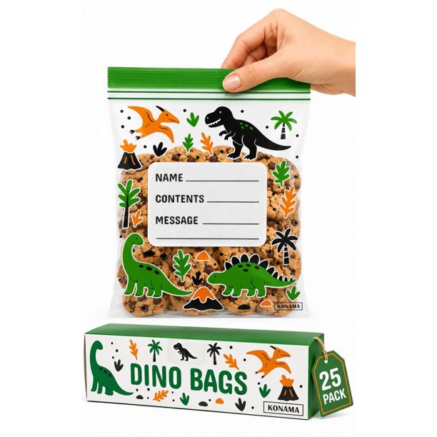 Bolsas para meriendas Konama pack de 25 a prueba de derrames con diseño de dinosaurios