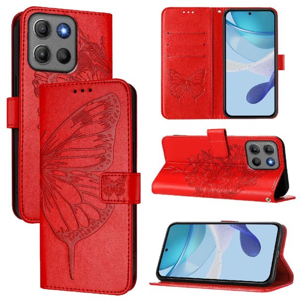 Funda cartera mariposa para Motorola Moto G15 Power con soporte y ranuras para tarjetas Rojo