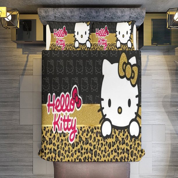 Leopard print Hello Kitty Bedding Set for Girls Kids Teen Tween Ultra Soft Microfiber Comforter Set Twin Size with 3-Pieces Comforters Bed Sets Bedroom Decor Bed Sheets