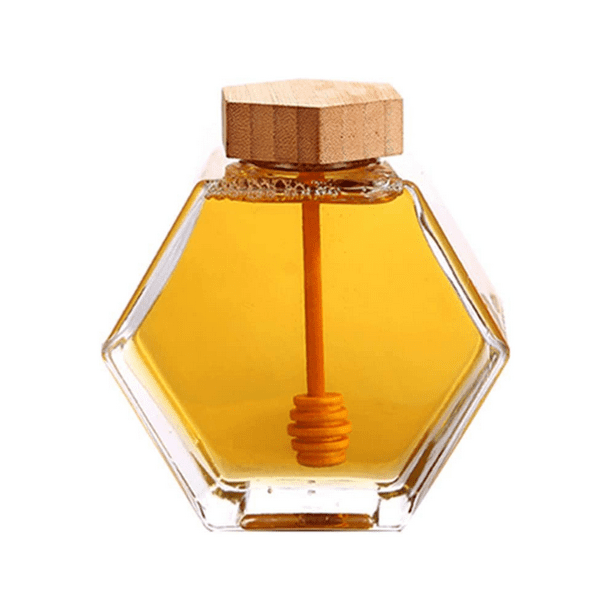 Tarro de miel hexagonal con cucharón, recipiente de vidrio resistente al calor para la cocina del hogar.