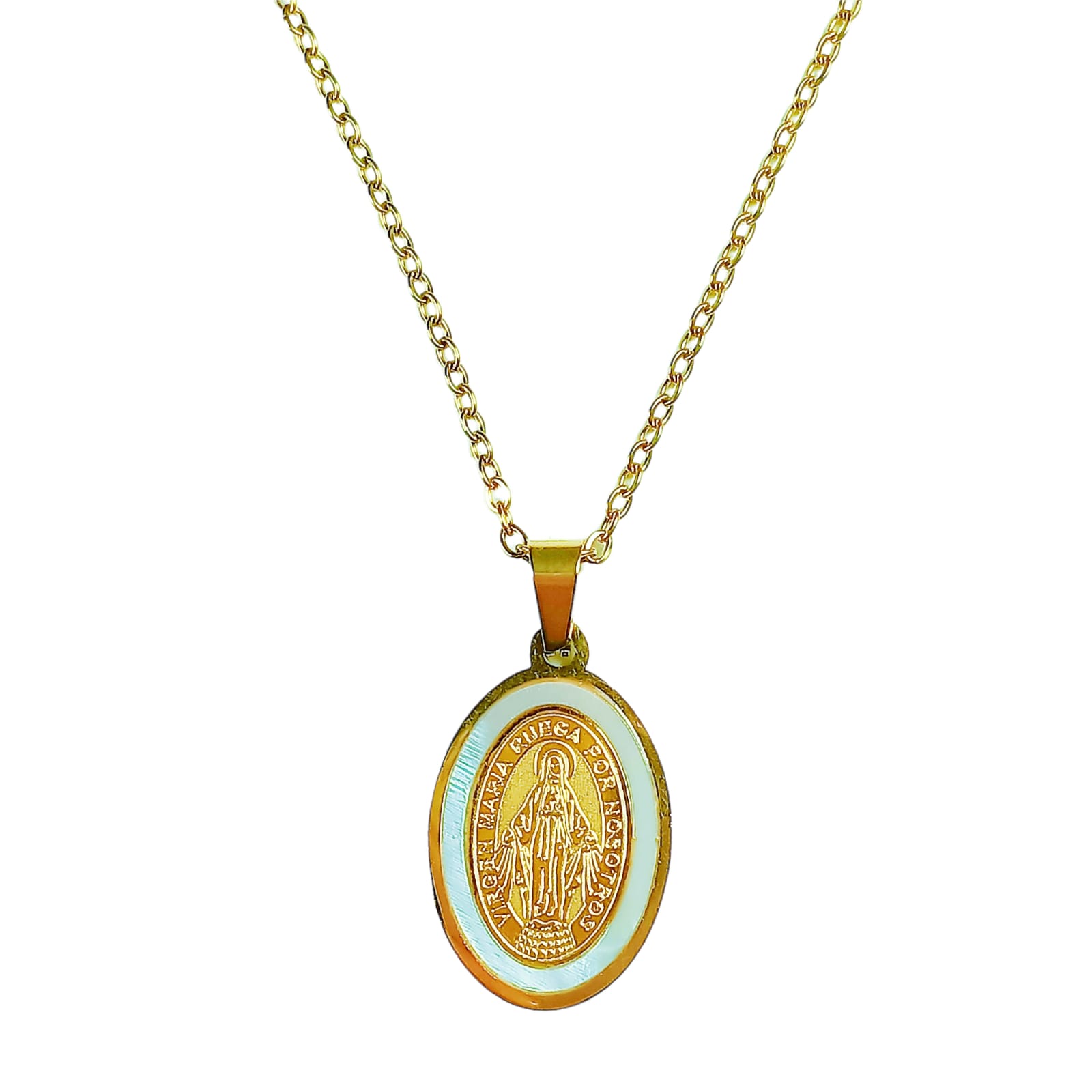 Elbauldejuma - Colgante Medalla Virgen María Nácar Chapada En Oro 18K Amor
