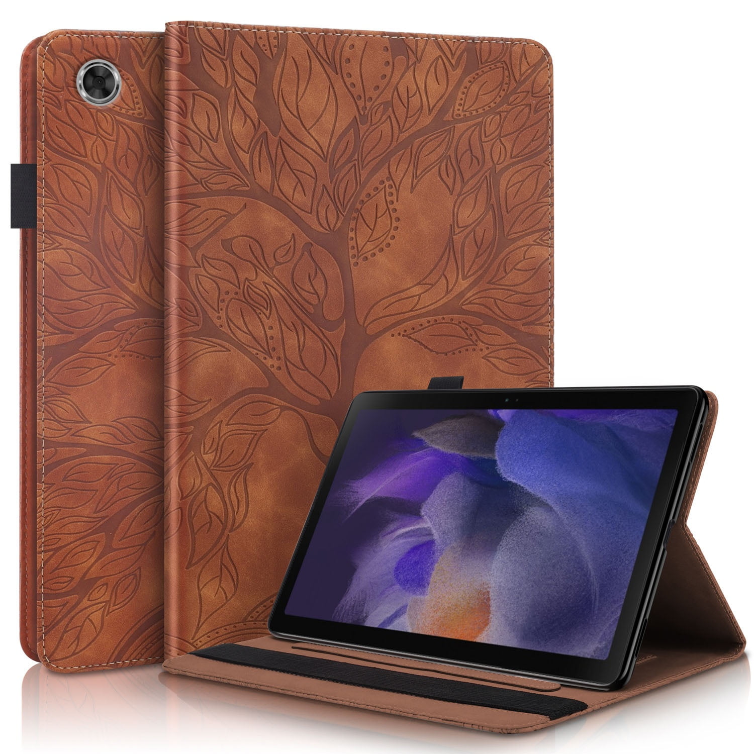 Foxdock - Funda Con Relieve Del Árbol De La Vida Para Tablet Samsung Galaxy Tab A9 Con Soporte, Ranuras Para Tarjetas Y Soporte Para Lápiz Óptico. Marrón