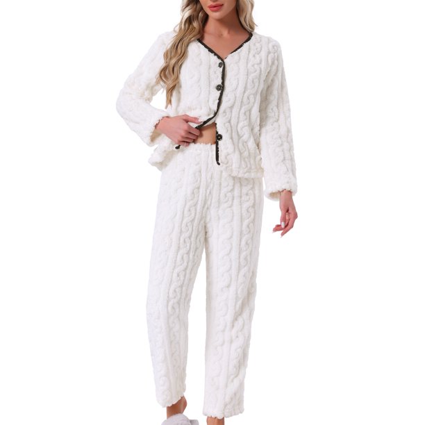 Conjunto de pijama de franela para mujeres, manga larga, botones, cuello en V, pantalones de forro polar esponjoso, ropa de descanso, XL, blanco