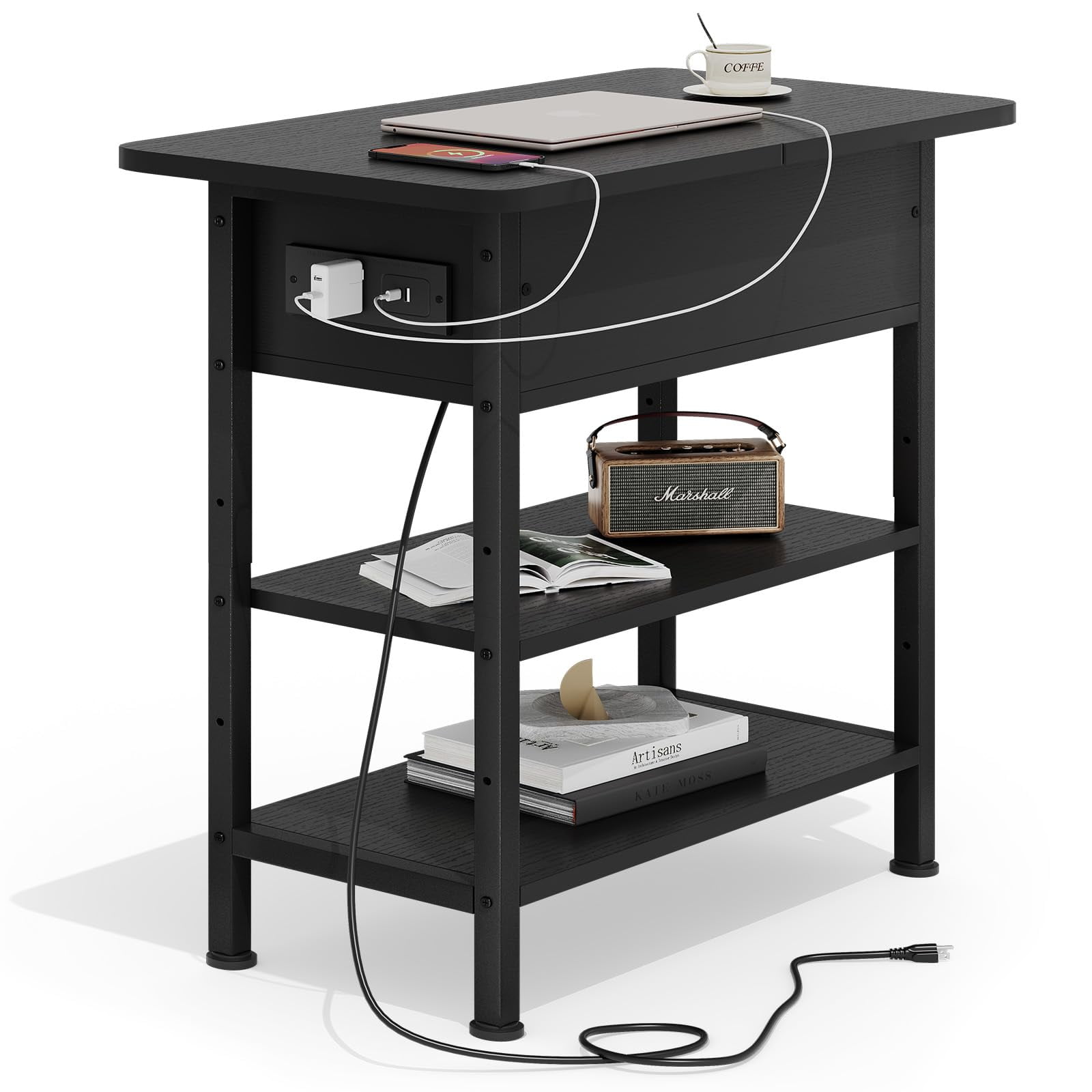 Mesa Auxiliar Grusign Con Estación De Carga, Puertos Usb, Color Negro