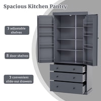 M&Ms - [Assembly Video Provided]Topmax 77Inch Farmhouse Kitchen Pantry, Freestanding Tall Cupboard Storage Cabinet With 3 Adjustable Shelves, 8 Door Shelves, 3 Drawers For Kitchen, Dining Room, Gray