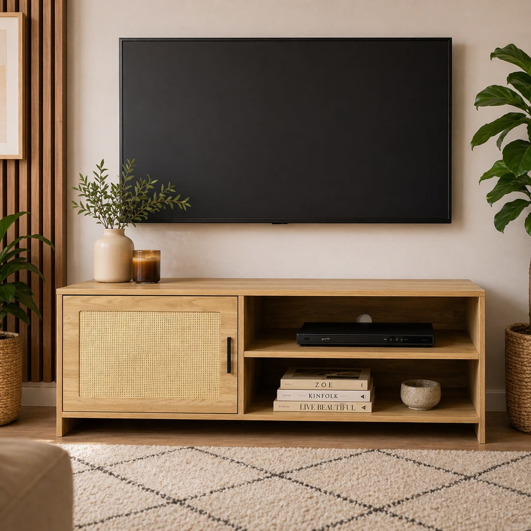 Space Home - Rack De Tv Madera Natural Con Puerta Rattan 120 Cm