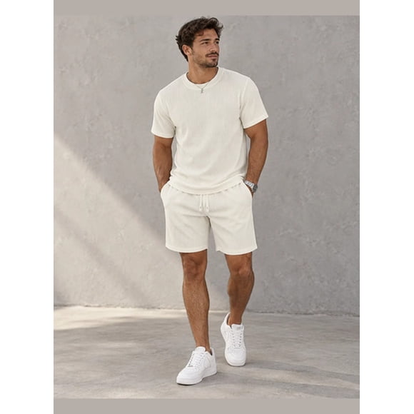Conjunto Hombre Polera Short Texturado Casual Verano Blanco