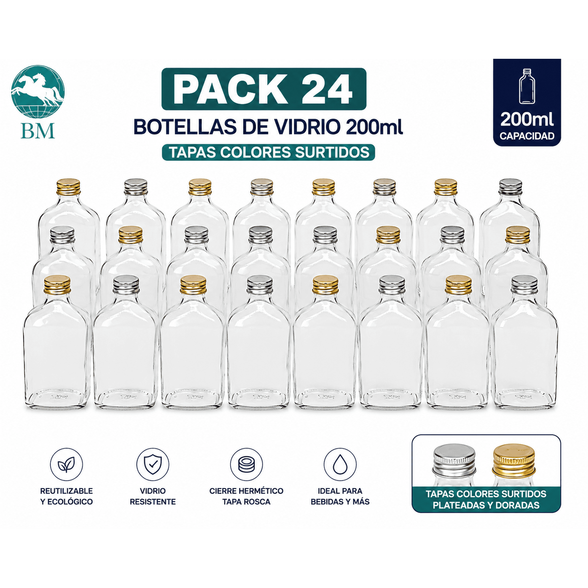 Genérico - Pack 24 Botellas Vidrio 200ml Tapas De Colores Frascos Para Jugos Bebidas Kombucha Y Cocina