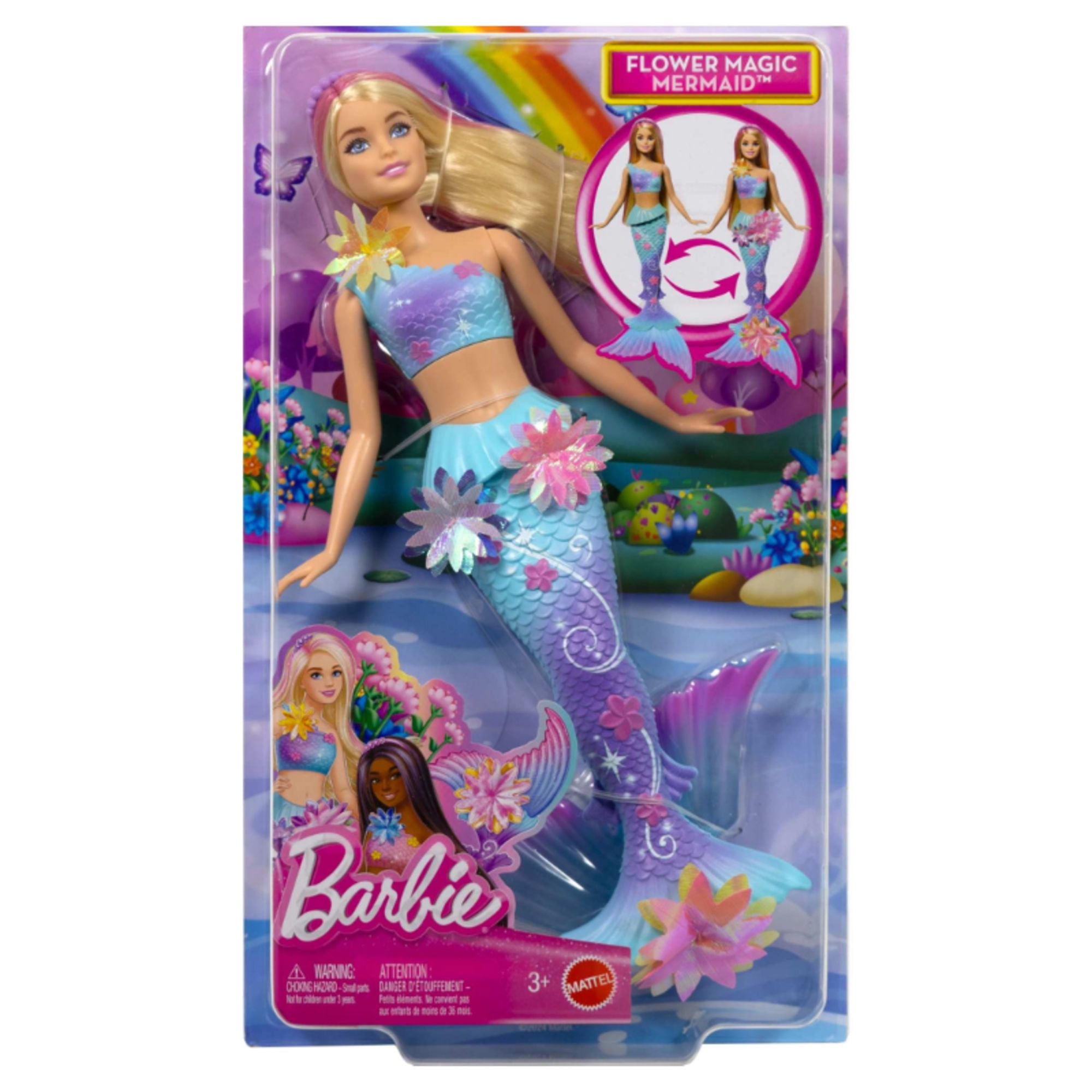 Barbie Sirena Muñeca Transformación Flores Cabello Rosa 3+