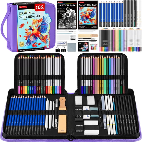 Set de dibujo POPYOLA, paquete de 106, con cuaderno de bocetos y libro para colorear