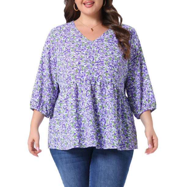 Agnes Orinda Blusas de Mujer Talla Grande Babydoll Cuello en V Mangas 3/4 de Linterna Camisas Florales Blusas Peplum 4X Púrpura