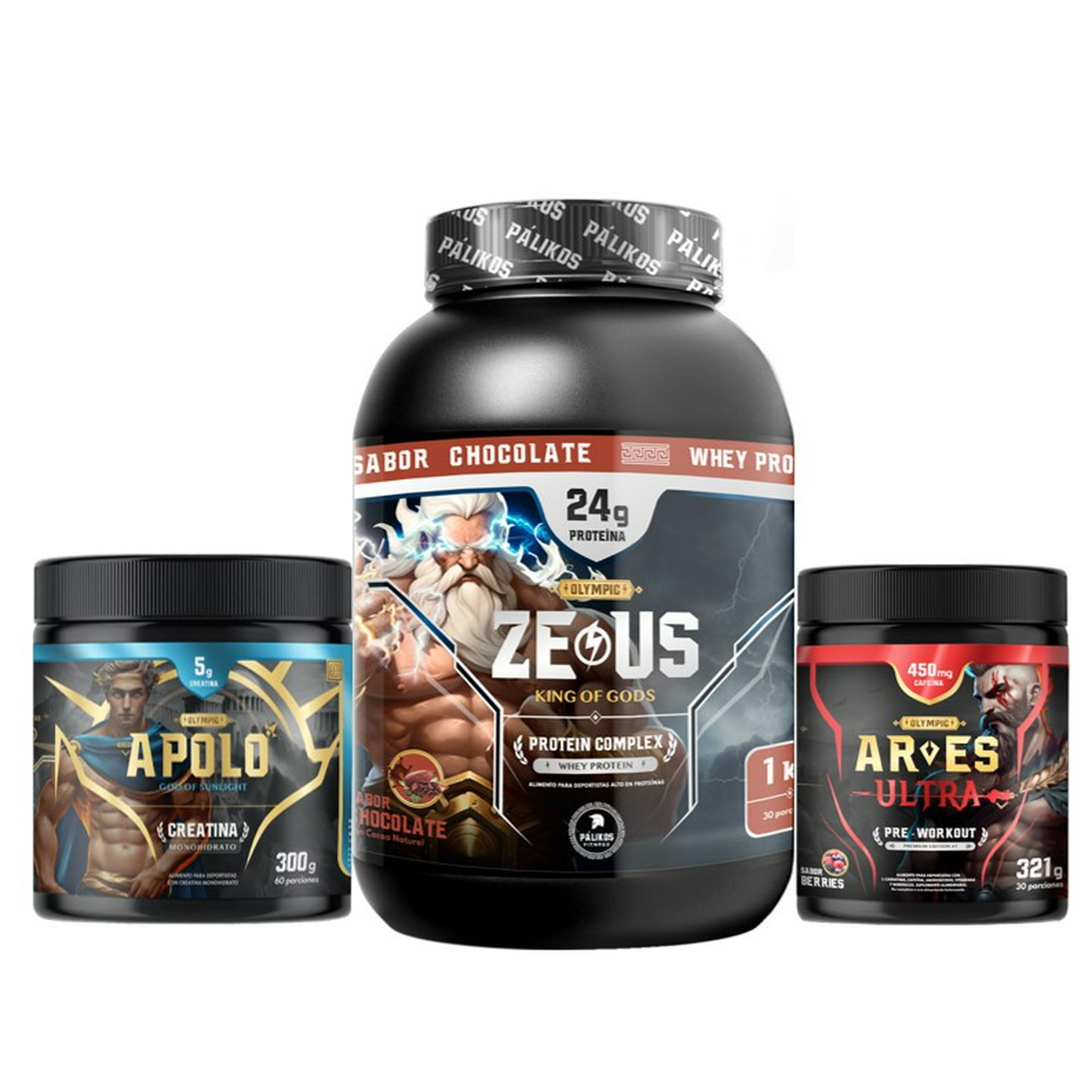 Palikos Fitness - Proteina Zeus Complex 1kg Chocolate + Ares Ultra 321g + Creatina Apolo 300g