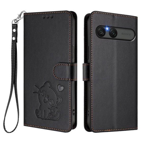 Sony Xperia 10 VII Funda Billetera con Estampado de Gato, Negro