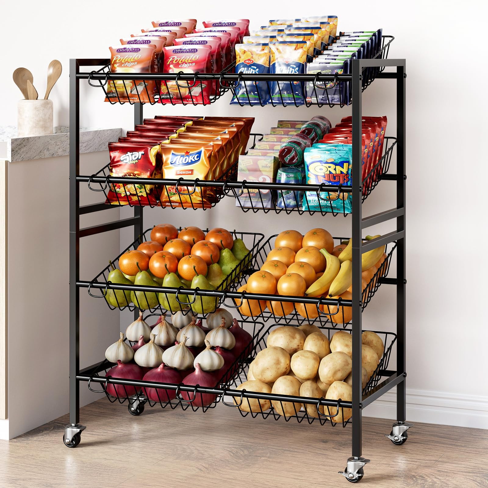 Carrito De Almacenamiento De Cocina Evermagin Rolling Fruit Cesta De 4 Niveles