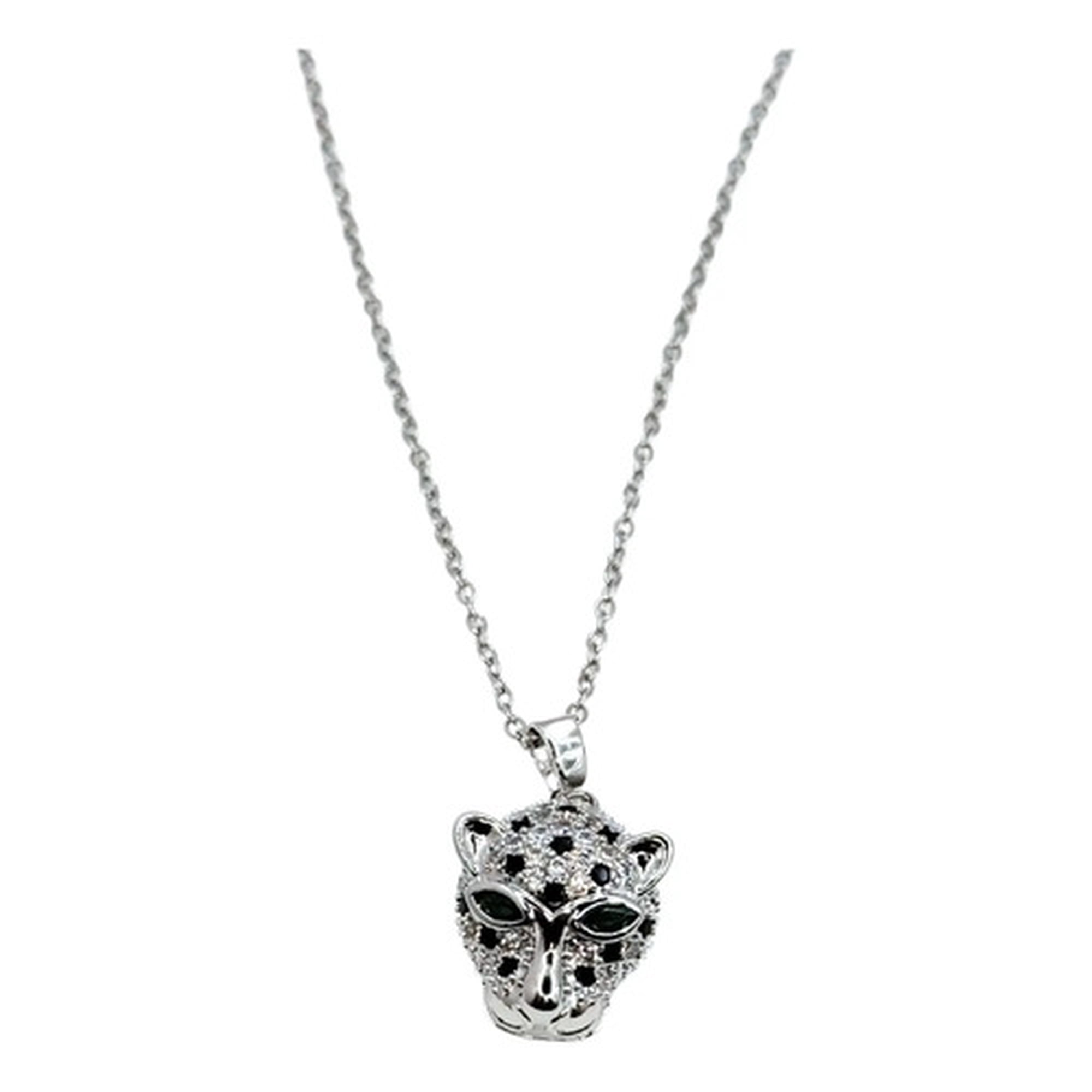 Marca - Collar Cabeza Leopardo, Acero Inoxidable/circonitas, Regalo Plateado