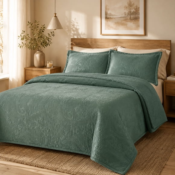CUBRECAMA MARTINÉ MICROFIBRA EMBOSSED SONYA CON SHERPA 2.5 PLAZAS VERDE – 260 X 250 CM