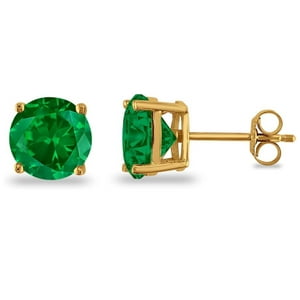 Aros Paris Jewelry 2 Ct Round Emerald Stud 14K Yellow Gold