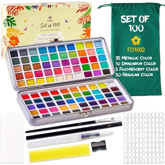 Set de pintura acuarela Flynxo de 100 colores metálicos y neón