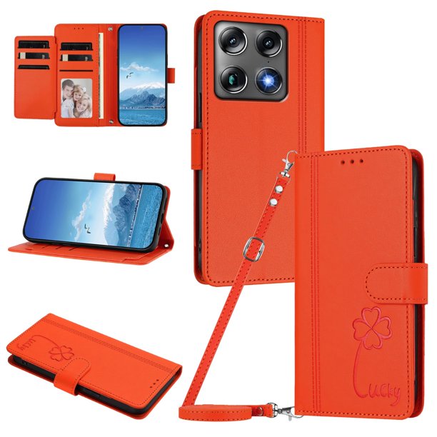 Funda Cartera Trébol para Motorola Edge 70 Ultra 5G con Ranuras Tarjetas y Carga Inalámbrica Naranja
