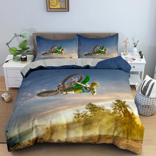 Motocross Off-road Race Motorcycle Dirt Bike Rider Bedding Set Boys Girls Duvet Cover Pillowcase Bed Kids