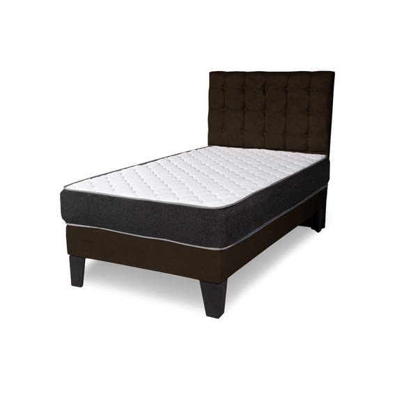 Cama 1.5 plazas completa Base americana + colchón de resortes + respaldo cuadros cafe