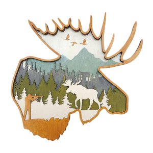 Bothyi - Escultura De Madera Decoración De Pared Cabeza Animal Estatua Sala De Estar Alce 32X32X2,5 Cm