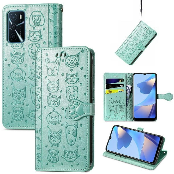 Funda Cartera FOXDOCK para OPPO A16 , Flip PU con Relieve de Gatos y Perros, Tarjetero y Soporte