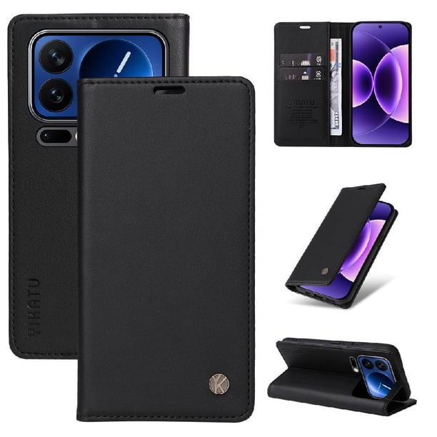 Funda Billetera de Cuero para Xiaomi 17 Pro con Tarjetero y Soporte - Tapa Magnética Negro