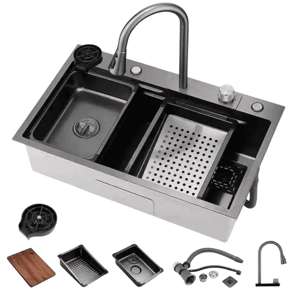 Estilodomus - Lavaplatos Empotrado 75×45 Acero Inoxidable Llave De Cascada Negro