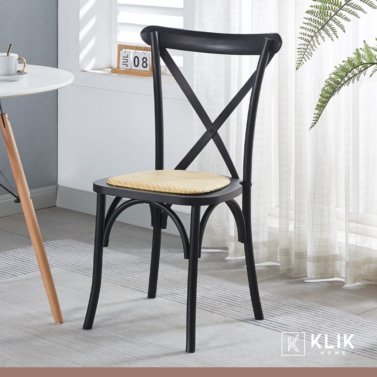 Klik Muebles - Comedor Mesa Redonda De Vidrio Cross 120cm + 5 Silla Crossback Madera Rattan Negra