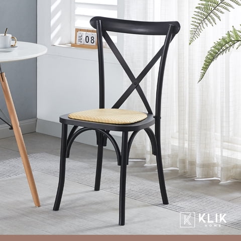 Klik Muebles - Comedor Mesa Redonda De Vidrio Cross 120Cm + 5 Silla Crossback Madera Rattan Negra