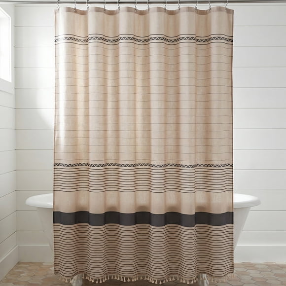 REGALWOVEN Conjuntos de Cortina de Ducha Boho a Rayas con 12 Ganchos, Tela de Aspecto de Lino Sintético para Baño Gris 71"W x 71"L
