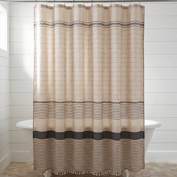REGALWOVEN Conjuntos de Cortina de Ducha Boho a Rayas con 12 Ganchos, Tela de Aspecto de Lino Sintético para Baño Gris 71"W x 71"L