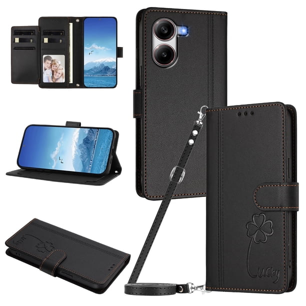 Funda Cartera Trébol para Xiaomi Poco X7 Pro con Ranuras Tarjetas y Carga Inalámbrica Negro