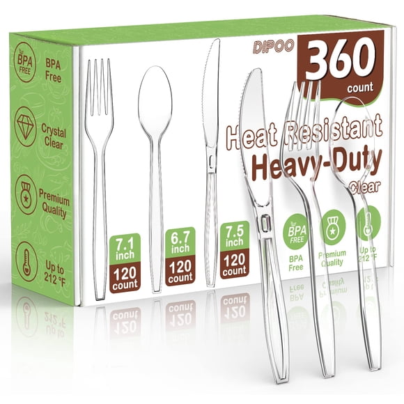 Juego de cubiertos desechables Dipoo 360 piezas: 120 tenedores, 120 cucharas, 120 cuchillos