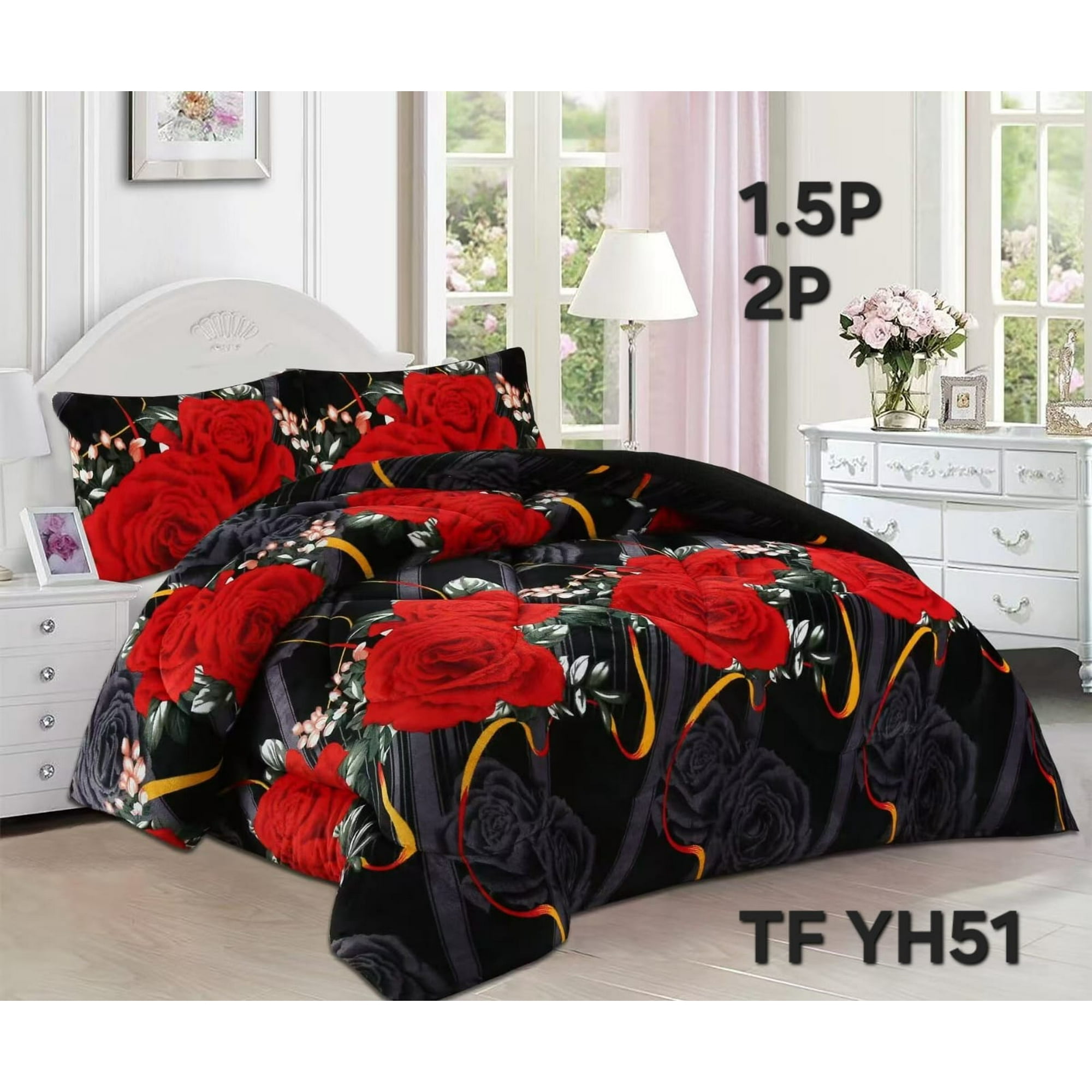 Aladdins Shop - Cobertor De Invierno De Plush Y Chiporro 2 Plazas Negro Rosas