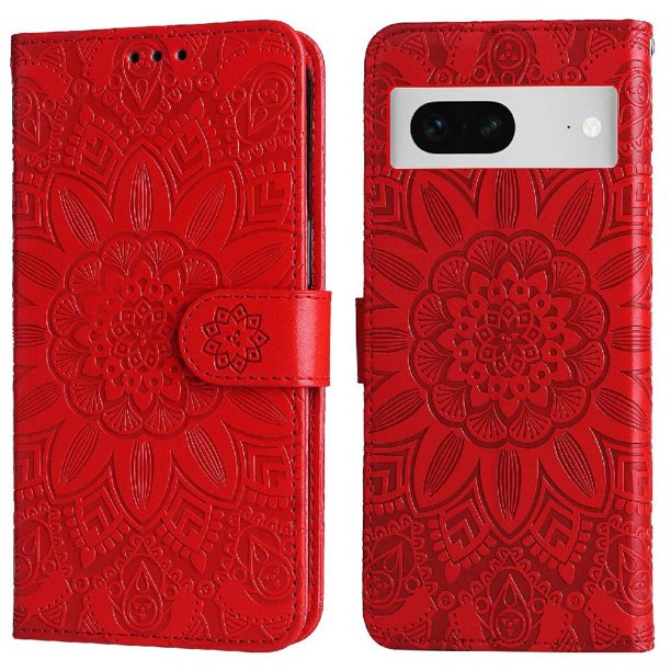 Funda tipo cartera FOXDOCK para Google Pixel 7 , diseño girasol en relieve, cuero PU, cierre magnético, soporte y tarjetero