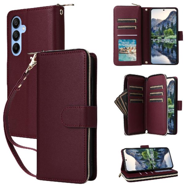Funda Cartera con Cremallera y Correa para Samsung Galaxy A15 5G Soporte y Tarjetero Rojo