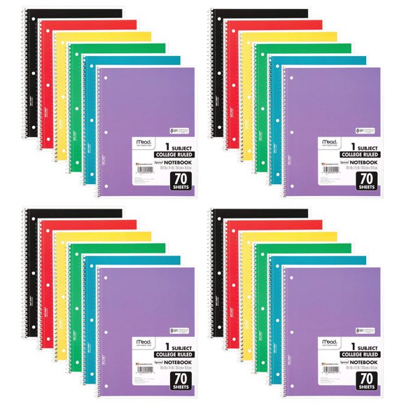 Cuadernos Mead 26 cm, 70 hojas, paquete de 24 surtidos