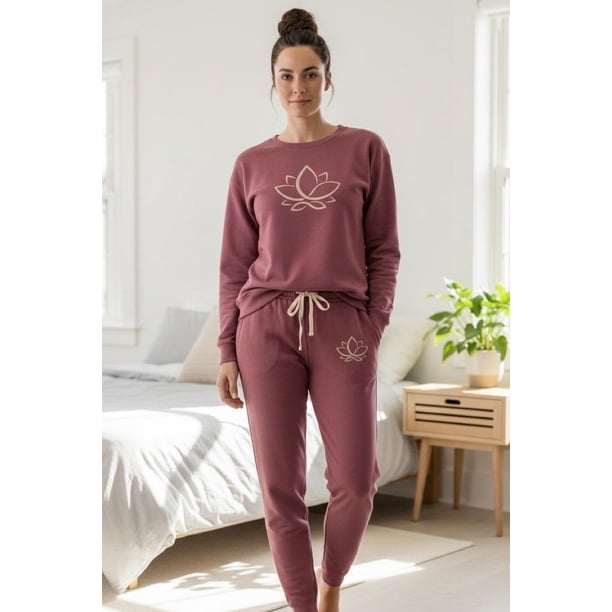 Pijama Franela Mujer Estampado Flor de Loto Burdeo terracota XL