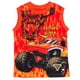 thumbnail image 5 of Monster Jam Grave Digger El Toro Loco Megalodon para niños pequeños, Mix N' Match, camiseta deportiva sin mangas, pantalones cortos de felpa francesa, conjunto de 3 piezas naranja/negro 4T, 5 of 7