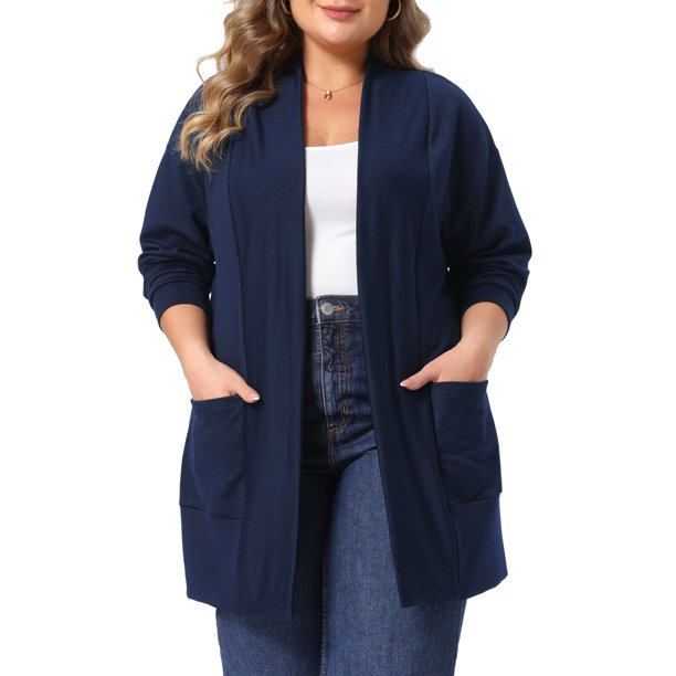 Agnes Orinda Women's Plus Size Chaqueta de Punto Abierta de Manga Larga Casual Suave Midi con Bolsillos 3X Azul