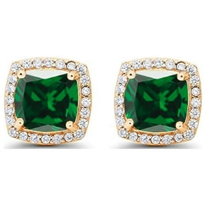 Aros Paris Jewelry 18K Yellow Gold 1Ct Created Halo Princess Cut Emerald Stud Plated